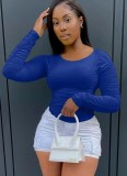 Autumn Blue Crew Neck Tight Ruched Crop Top