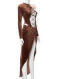 Autumn Party Brown Sexy Lace-Up Bodysuit and Long Skirt 2PC Set