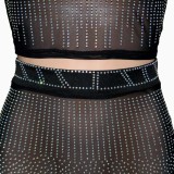 Winter Occassional Black Beading Long Sleeve Crop Top and Long Skirt 2PC Set