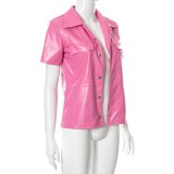 Autumn Pink Short Sleeves Button Up Leather Top