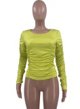Autumn Green Crew Neck Tight Ruched Crop Top