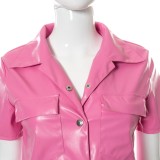 Autumn Pink Short Sleeves Button Up Leather Top