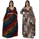 Autumn Plus Size Multicolor Leopard Crop Top and Long Skirt 2PC Set