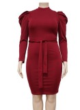 Winter Plus Size Red Crew Neck Long Bodycon Dress with Belt