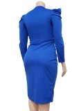 Autumn Plus Size Blue V-Neck Wrap Hem Irregular Party Dress