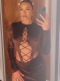 Autumn Party Brown Sexy Lace-Up Bodysuit and Long Skirt 2PC Set