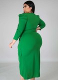 Autumn Plus Size Green V-Neck Wrap Hem Irregular Party Dress