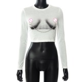 Autumn Print White Sexy Chains Long Sleeve Crop Top