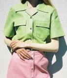 Autumn Green Short Sleeves Button Up Leather Top