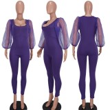 Winter Party Purple Puff Sleeve Sexy Bodycon Jumpsuit