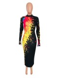Autumn Paints Print Black Long Bodycon Dress with Long Sleeves