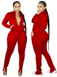 Autumn Casual Red Zipper Top and Slit Pants 2PC Tracksuit