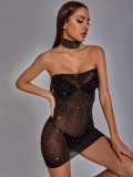 Erotic Lingerie Black Beaded Mesh Midnight Mini Tube Dress with Matching Choker