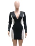 Autumn Party Black Beaded Deep-V Sexy Patch Bodycon Dress