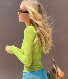 Autumn Casual Green Knit Long Sleeve Basic Top