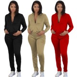 Autumn Casual Red Zipper Top and Slit Pants 2PC Tracksuit