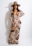Autumn Print V-Neck Long Sheath Dress with Full Sleeves