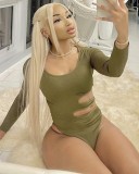 Autumn Green Sexy Cut Out Long Sleeve Ribbed Bodysuit
