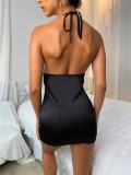 Sexy Black Satin Strap Mini Dress Lingerie