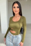 Autumn Green Sexy Cut Out Long Sleeve Ribbed Bodysuit