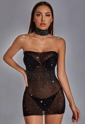Lingerie erotica Mini abito a tubino di mezzanotte in rete di perline nere con girocollo abbinato