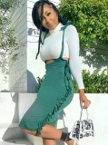 Autumn Casual White Long Sleeve Crop Top and Fringe Green Suspender Skirt Set