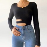 Autumn Black Sexy Cut Out Long Sleeve Ribbed Bodysuit