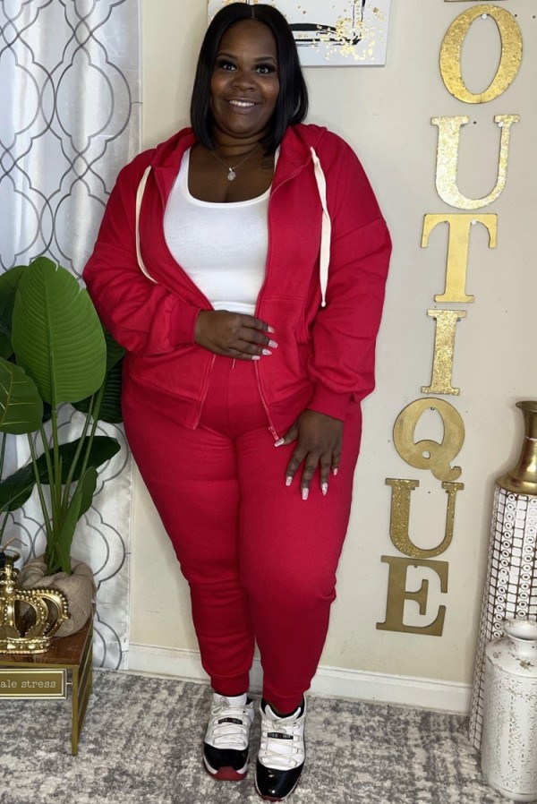 Fall Plus Size Casual Red Zipper Hooded Two Piece Tracksuits