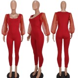 Winter Party Red Puff Sleeve Sexy Bodycon Jumpsuit