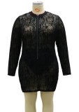 Autumn Plus Size Print Black Long Sleeve Bodycon Dress