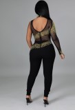 Autumn Sexy Mesh Patch Beaded Black Party Jumpsuit with Single Sleeve
