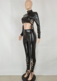 Winter Party Black Leather Lace-Up Tight Crop Top and Pants Set