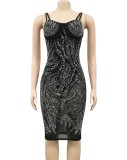 Summer Party Sexy Black Crystal Strap Long Bodycon Dress