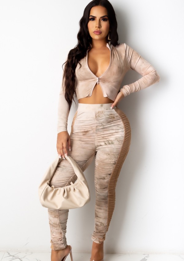 Autumn Party Khaki Tie Dye Print Sexy Crop Top and Ruched Pants Set