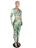 Autumn Party Green Tie Dye Print Sexy Crop Top and Ruched Pants Set