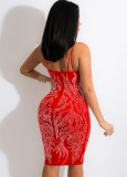Summer Party Sexy Red Crystal Strap Long Bodycon Dress