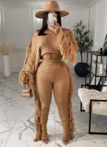 Winter Casual Khaki Quasten Pullover Crop Top und Hose 2PC Strickset
