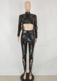 Winter Party Black Leather Lace-Up Tight Crop Top and Pants Set