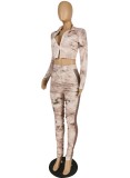 Autumn Party Khaki Tie Dye Print Sexy Crop Top and Ruched Pants Set