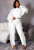 Winter Casual White Tassels Sweater Crop Top and Pants 2PC Knit Set