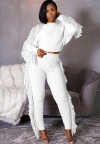 Winter Casual Weiß Quasten Pullover Crop Top und Hose 2PC Strickset