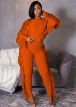 Winter Casual Orange Quasten Pullover Crop Top und Hose 2PC Strickset