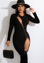 Kışlık Siyah Ribanalı Fermuarlı Yırtmaçlı Uzun Kollu Bodycon Elbise