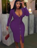 Winter Plus Size Purple V-Neck Zippers Long Bodycon Dress