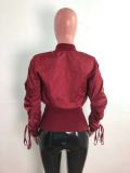 Winter Fashion Red Ribbed Zippers Long Sleeve Drawstring Jacket