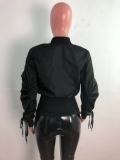 Winter Fashion Black Ribbed Zippers Long Sleeve Drawstring Jacket