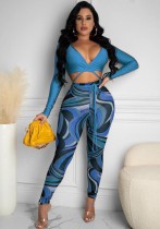Herfstblauwe sexy crop-top met lange mouwen en legging met print
