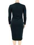 Winter Plus Size Black V-Neck Zippers Long Bodycon Dress