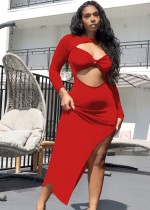Otoño rojo recortado sexy vestido de fiesta largo irregular