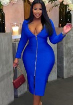 Winter Plus Size Blau V-Ausschnitt Reißverschlüsse Langes figurbetontes Kleid